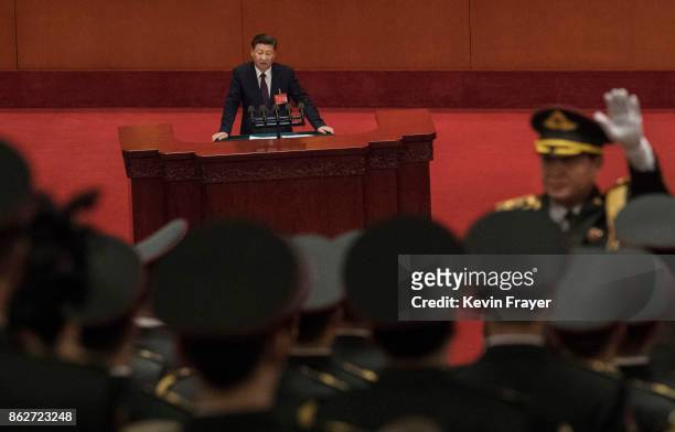 Chinese President Xi Jinping speaks at the opening session of the 19th Communist Party Congress held at The Great Hall Of The People on October 18,...