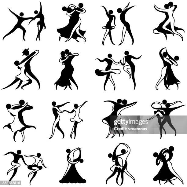 ballsaal und latin dance styles icons set - ballroom dance couple stock-grafiken, -clipart, -cartoons und -symbole