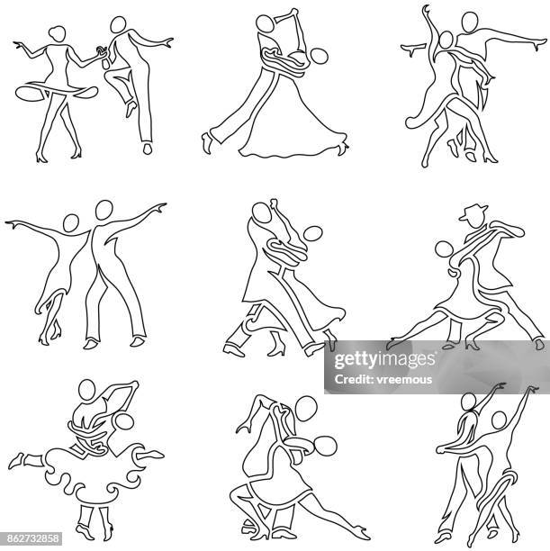 illustrazioni stock, clip art, cartoni animati e icone di tendenza di icone degli stili di danza latini e da sala da ballo contorni - tango