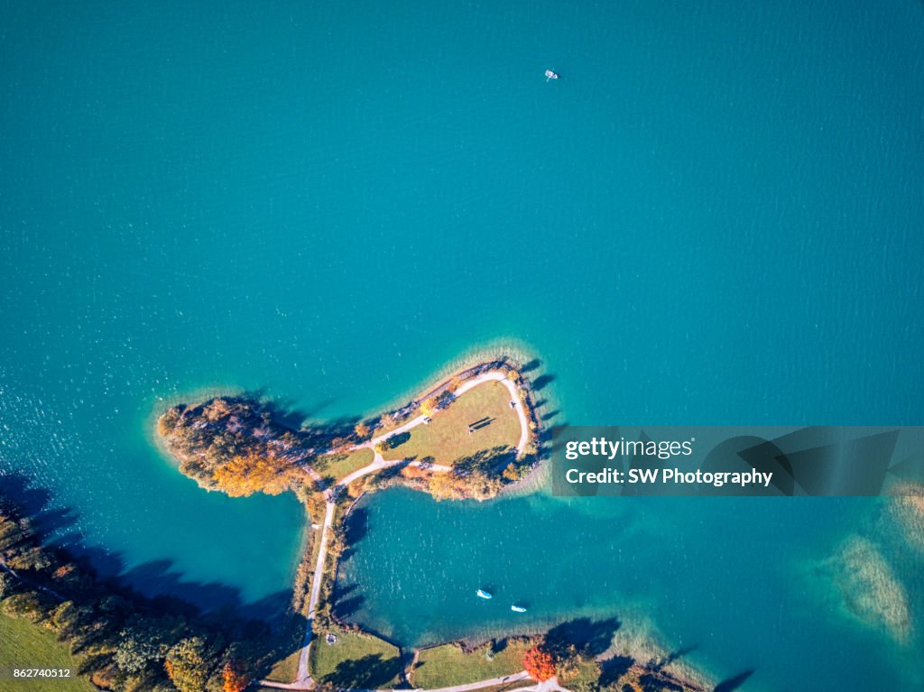 Drone Photo of a beautiful island located near Lungern city, Switzerland
