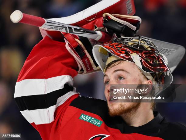 Goaltender Mackenzie Blackwood of the Binghamton Devils looks on against the Laval Rocket during the AHL game at Place Bell on October 13, 2017 in...