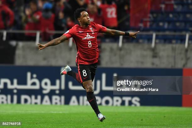 Rafael Da Silva of Urawa Red Diamonds celebrates the first goal during the AFC Champions League semi final second leg match between Urawa Red...
