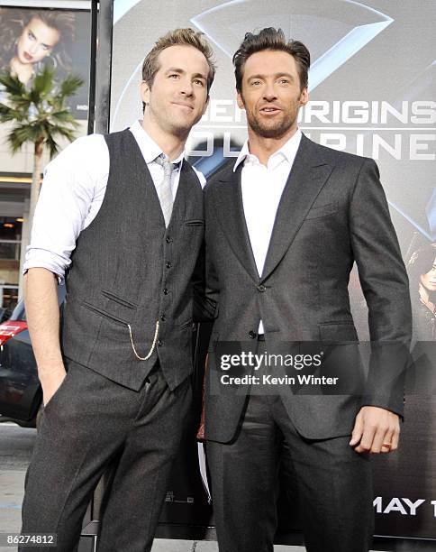 Actors Ryan Reynolds and Hugh Jackman arrive at the screening 20th Century Fox's "X-Men Origins: Wolverine" at the Chinese Theater on April 28, 2009...