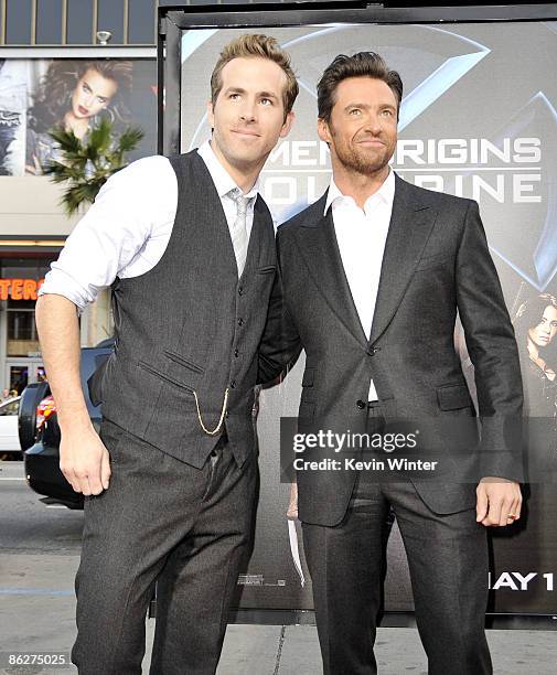Actors Ryan Reynolds and Hugh Jackman arrive at the screening 20th Century Fox's "X-Men Origins: Wolverine" at the Chinese Theater on April 28, 2009...