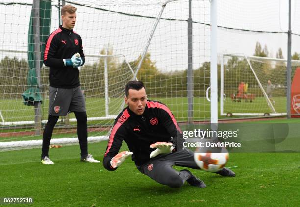 Dejan Iliev of Arsenal during the Arsenal Training Session at London Colney on October 18, 2017 in St Albans, England.