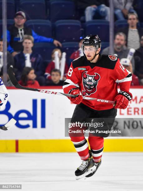 Blake Speers of the Binghamton Devils skates against the Laval Rocket during the AHL game at Place Bell on October 13, 2017 in Laval, Quebec, Canada....