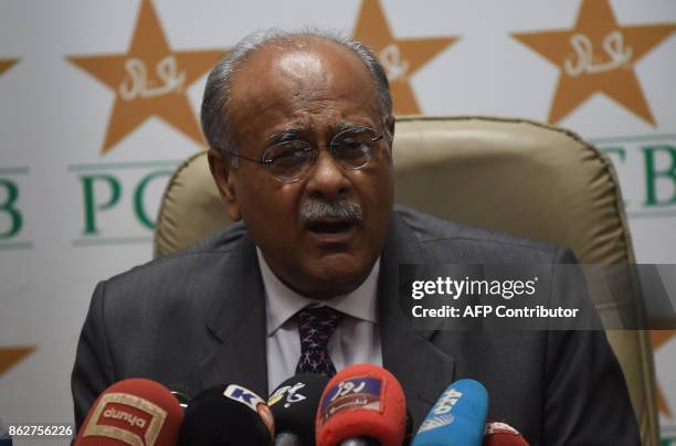 Chairman of Pakistan Cricket Board Najam Sethi speaks at a news conference at the National Stadium in Karachi on October 18, 2017. Sri Lankan team...