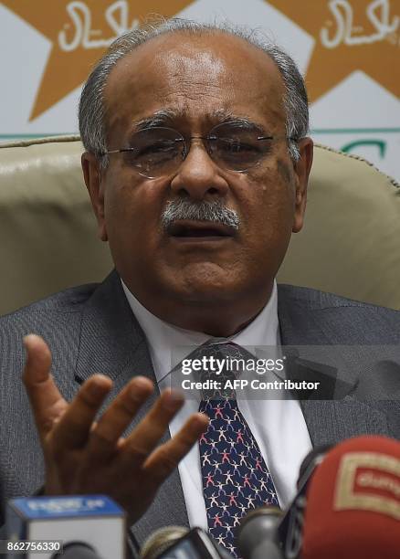 Chairman of Pakistan Cricket Board Najam Sethi speaks at a news conference at the National Stadium in Karachi on October 18, 2017. Sri Lankan team...