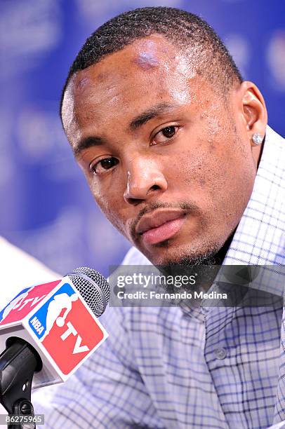 Rashard Lewis of the Orlando Magic addresses the media after a 91-78 victory against the Philadelphia 76ers in Game Five of the Eastern Conference...