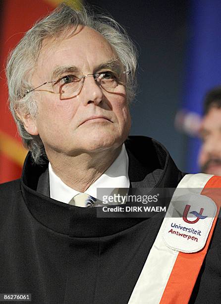 British Zoologist Richard Dawkins poses after being awarded with a "honoris causa" of the Antwerp University, on April 29, 2009 in Antwerp. AFP PHOTO...