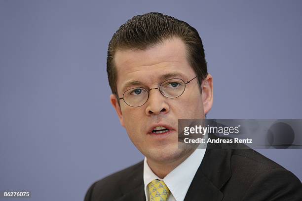 German Economy Minister Karl-Theodor zu Guttenberg speaks during a press conference on April 29, 2009 in Berlin, Germany. Guttenberg presents and...