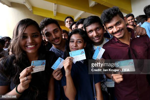 Fans enter the stadium ahead of the FIFA U-17 World Cup India 2017 Round of 16 match between Ghana and Niger at Dr DY Patil Cricket Stadium on...
