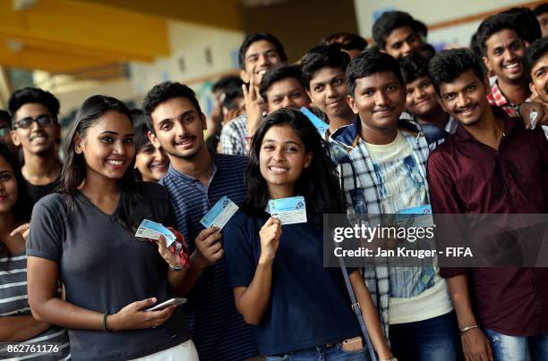 Fans enter the stadium ahead of the FIFA U-17 World Cup India 2017 Round of 16 match between Ghana and Niger at Dr DY Patil Cricket Stadium on...