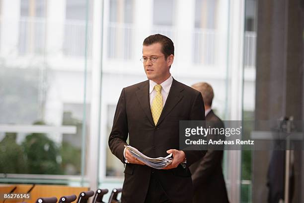 German Economy Minister Karl-Theodor zu Guttenberg arrives for a press conference on April 29, 2009 in Berlin, Germany. Guttenberg presents and...
