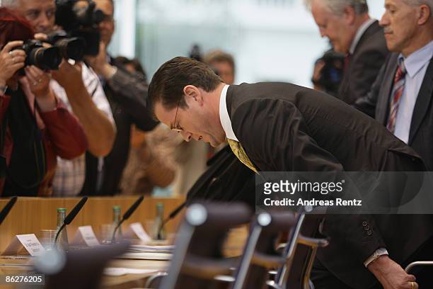 German Economy Minister Karl-Theodor zu Guttenberg arrives for a press conference on April 29, 2009 in Berlin, Germany. Guttenberg presents and...