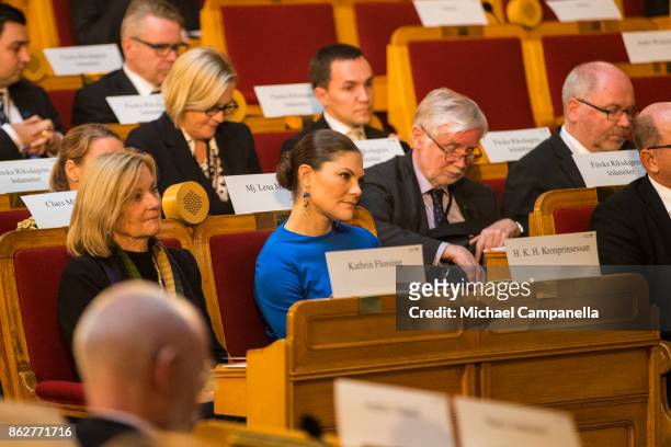 Crown Princess Victoria of Sweden attends a seminar at Riksdag in connection with the centenary of Finnish Independence on October 18, 2017 in...