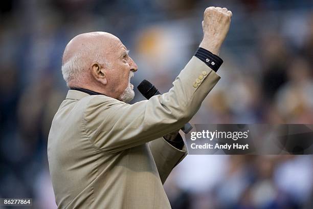 Actor Dominic Chianese formerly of the television show, The Sopranos sings the National Anthem prior to the San Diego Padres game against the...