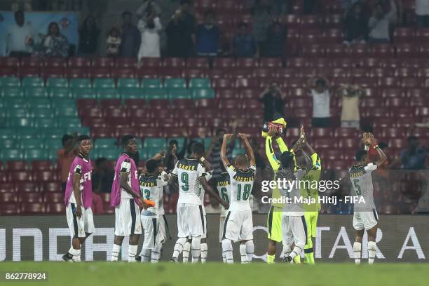 Team of Ghana celebrates after winning the FIFA U-17 World Cup India 2017 Round of 16 match between Ghana v Niger at Dr DY Patil Cricket Stadium on...