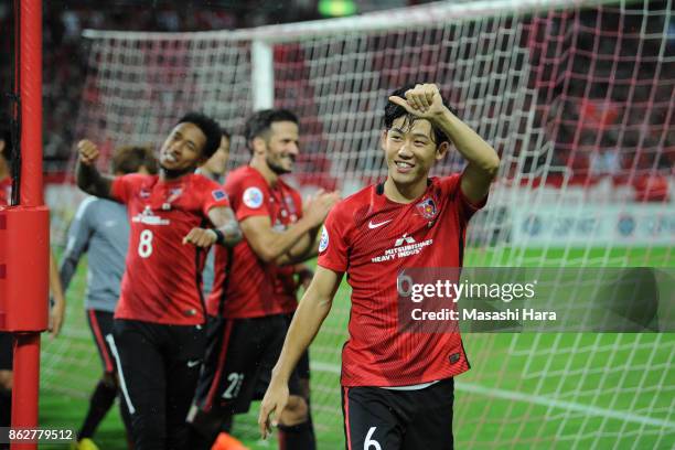 Wataru Endo of Urawa Red Diamonds celebrates the win after the AFC Champions League semi final second leg match between Urawa Red Diamonds and...