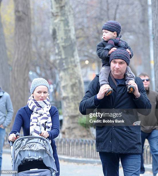 Naomi Watts, Liev Schreiber and son Alexander Schreiber sighting on the streets of Manhattan on March 19, 2009 in New York City.