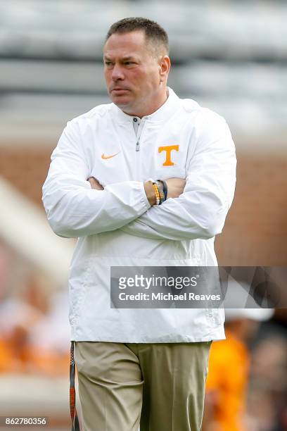 Head coach Butch Jones of the Tennessee Volunteers looks on prior to the game against the South Carolina Gamecocks at Neyland Stadium on October 14,...
