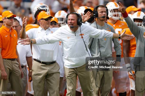 Head coach Butch Jones of the Tennessee Volunteers reacts against the South Carolina Gamecocks during the first half at Neyland Stadium on October...