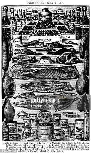 antique recipes book engraving illustration: preserved meats - bacon bits stock illustrations