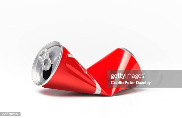 crushed soda can for recycling - soda imagens e fotografias de stock