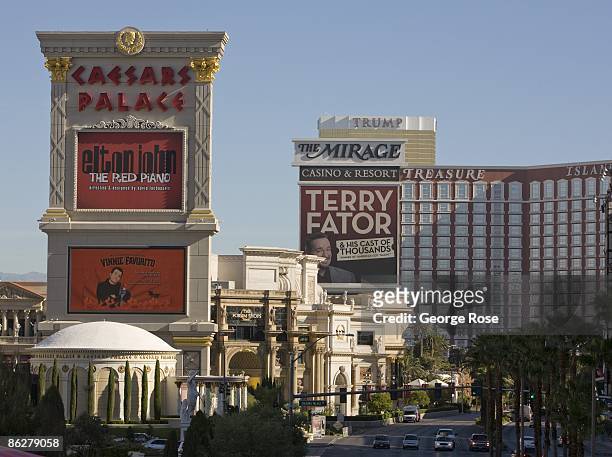 View of the Caesars Palace billboard on the Strip promoting Elton John's "The Red Piano" show is seen along with The Mirage and Treasure Island...