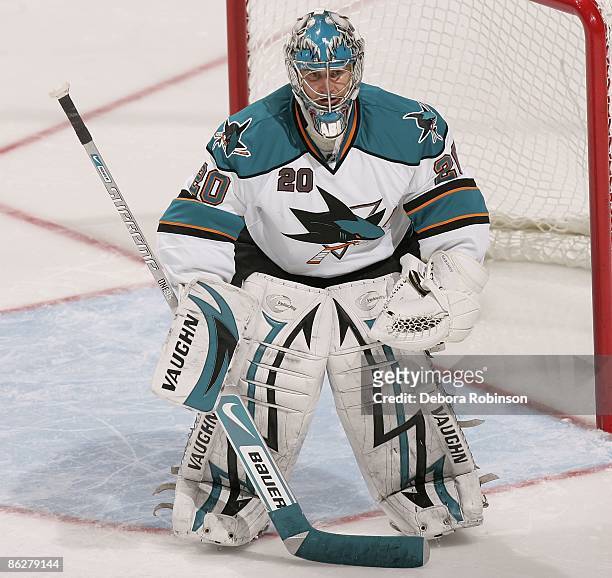 Evgeni Nabokov of the San Jose Sharks looks on while standing in the crease during the game the Anaheim Ducks during Game Six of the Western...