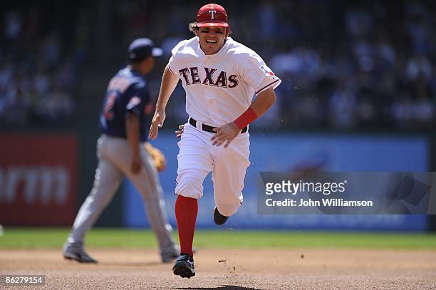 Ian Kinsler of the Texas Rangers runs the bases during the game against the Cleveland Indians at Rangers Ballpark in Arlington in Arlington, Texas on...