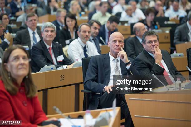 Tom Enders, chief executive officer of Airbus SE, center, looks on before speaking during the European Union Aeronautics Conference inside the...