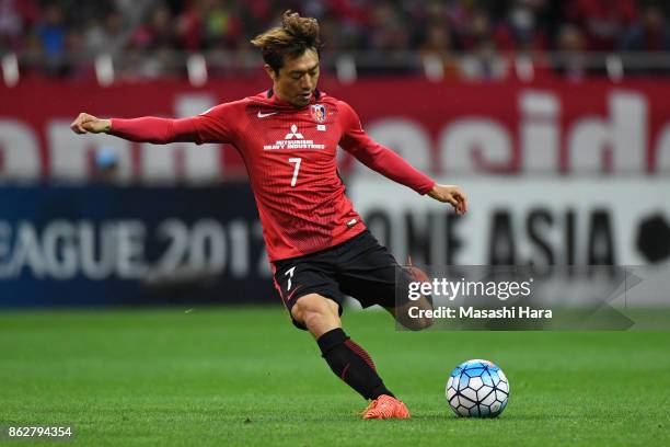 Tsukasa Umesaki of Urawa Red Diamonds in action during the AFC Champions League semi final second leg match between Urawa Red Diamonds and Shanghai...