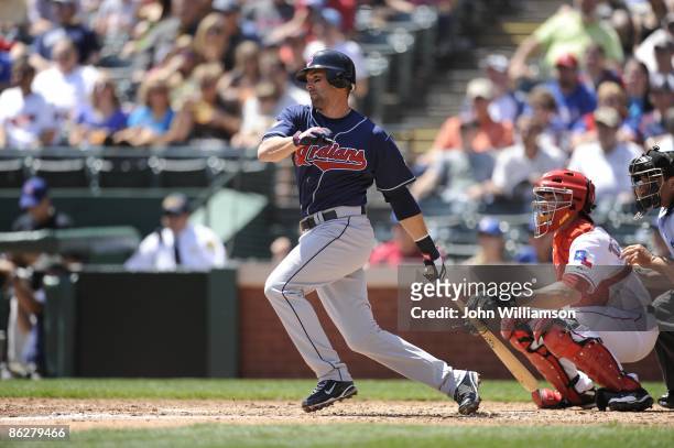 Mark DeRosa of the Cleveland Indians bats during the game against the Texas Rangers at Rangers Ballpark in Arlington in Arlington, Texas on Thursday,...