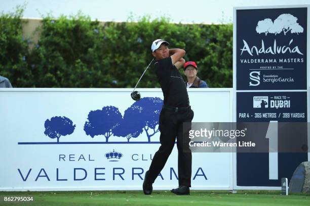 Ashun Wu of Spain in action during the pro am ahead of the Andalucia Valderrama Masters at Real Club Valderrama on October 18, 2017 in Cadiz, Spain.