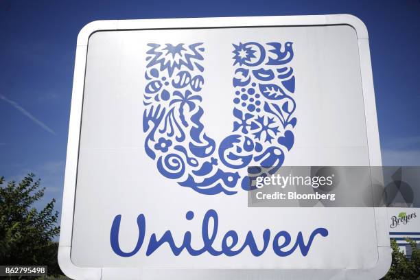 Signage is displayed outside the Unilever Plc ice cream facility in Covington, Tennessee, U.S., on Tuesday, Oct. 3, 2017. Unilever is scheduled to...