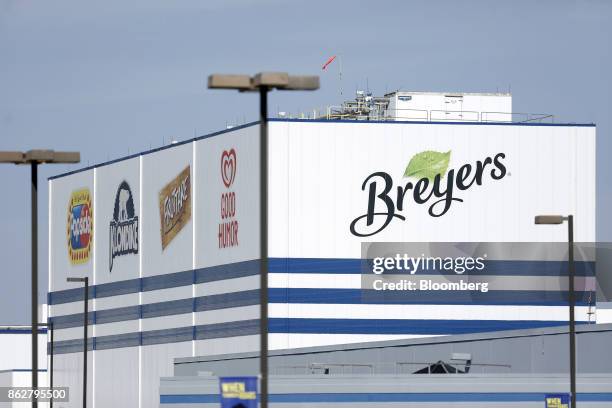 Unilever Plc brand ice cream signage is displayed outside company's facility in Covington, Tennessee, U.S., on Tuesday, Oct. 3, 2017. Unilever is...