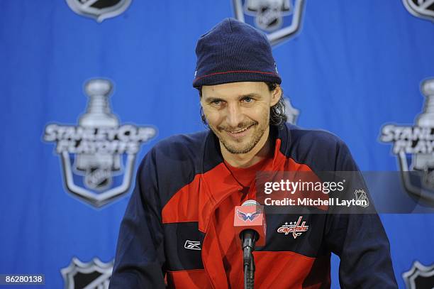 Sergei Fedorov of the Washington Capitals talks to the media after Game Seven of the Eastern Conference Quarterfinals of the 2009 NHL Stanley Cup...