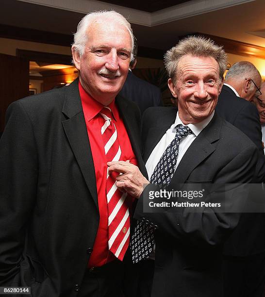Denis Law speaks to Alex Stepney at a special lunch to honour Sir Bobby Charlton ahead of the UEFA Champions League Semi-Final first leg match...