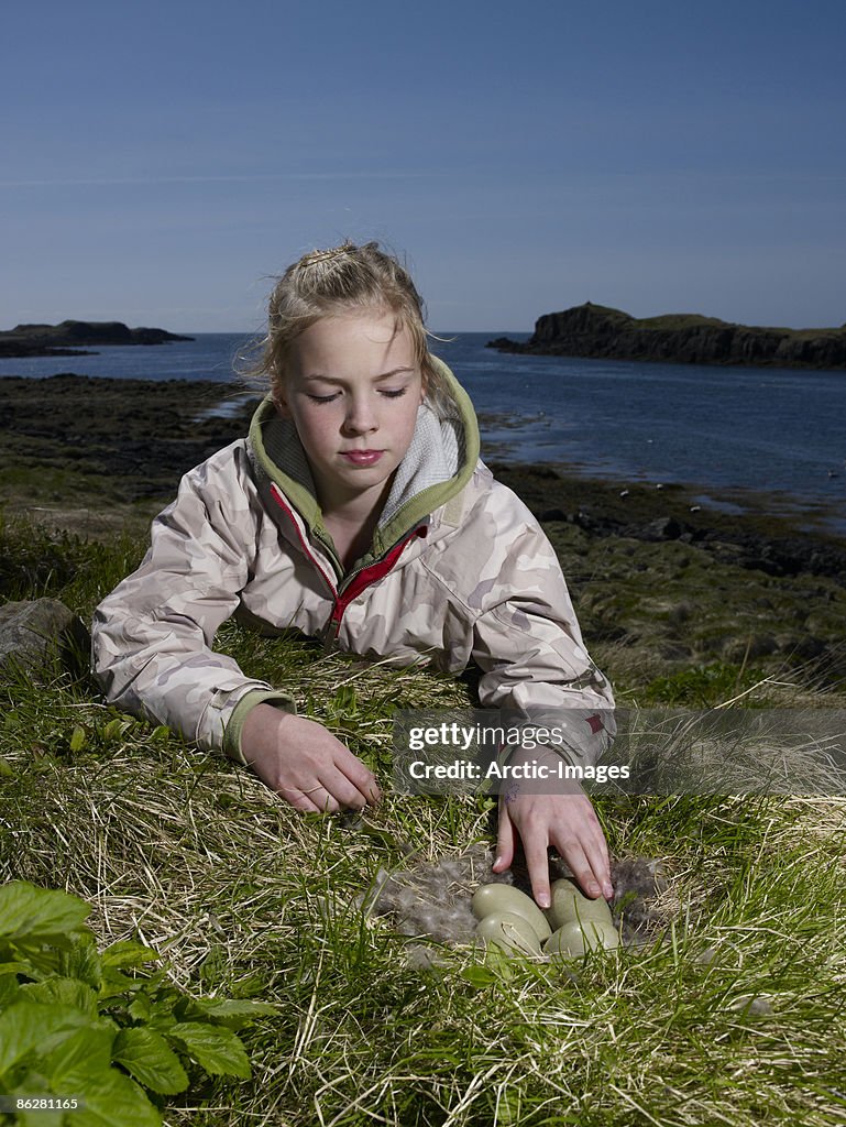 Farm girl with Eider duck nest, Iceland