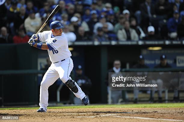 Designated hitter Billy Butler of the Kansas City Royals bats during the game against the New York Yankees at Kauffman Stadium in Kansas City,...