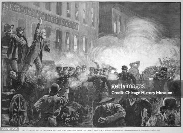 Samuel Fielden, a radical socialist from England, stands atop the speaker's wagon as a dynamite bomb explodes among the police, triggering the tragic...