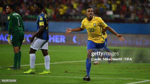 Brenner of Brazil celebrates after opening the scoring during the FIFA U-17 World Cup India 2017 Round of 16 match between Brazil and Honduras at the...