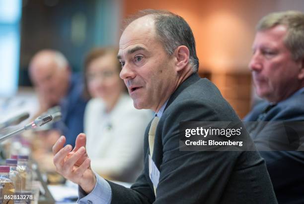 Warren East, chief executive officer of Rolls Royce Holdings Plc, gestures while speaking during the European Union Aeronautics Conference inside the...