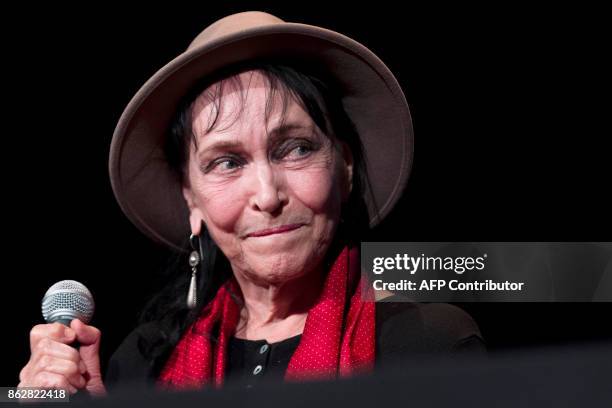 French actress Anna Karina reacts as she gives a master class on October 18, 2017 in Lyon, central-eastern France, during the 9th edition of the...