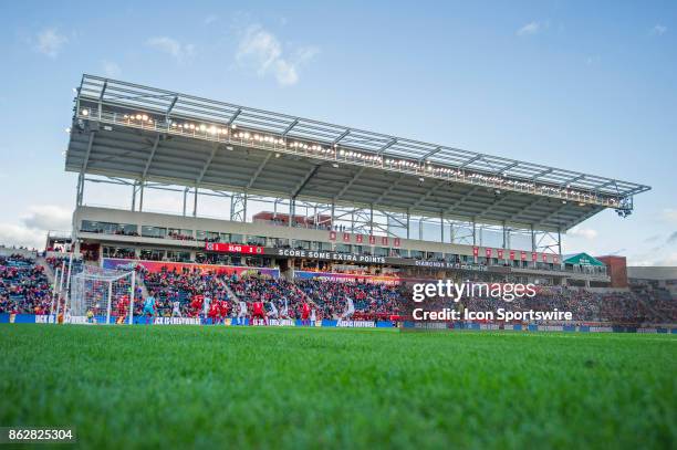 General wide view of a corner kick during a game between the Philadelphia Union and the Chicago Fire on October 15 at Toyota Park, in Bridgeview, IL.