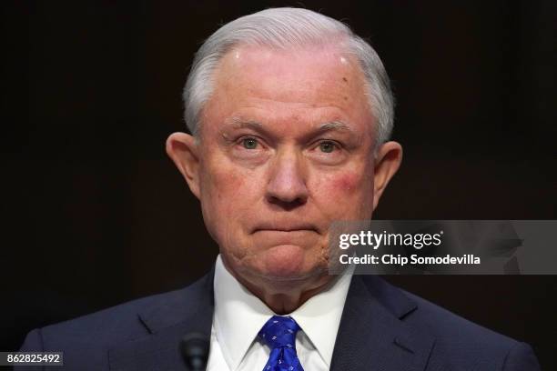 Attorney General Jeff Sessions testifies before the Senate Judiciary Committee in the Hart Senate Office Building on Capitol Hill October 18, 2017 in...