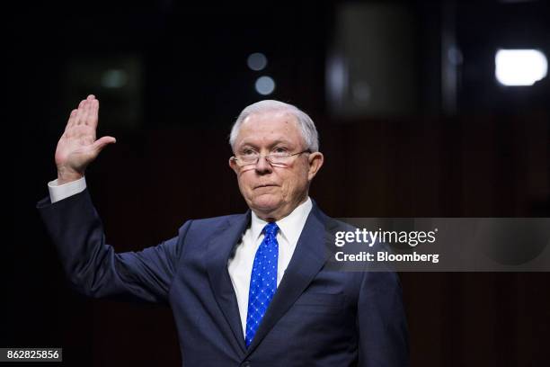 Jeff Sessions, U.S. Attorney general, is sworn in to testify during a Senate Judiciary Committee hearing in Washington, D.C., U.S., on Wednesday,...