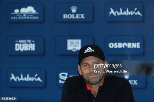 Sergio Garcia of Spain addresses a press conference ahead of the Andalucia Valderrama Masters at Real Club Valderrama on October 18, 2017 in Cadiz,...