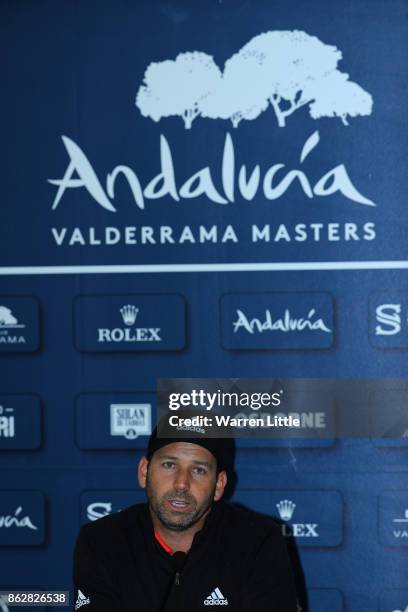 Sergio Garcia of Spain addresses a press conference ahead of the Andalucia Valderrama Masters at Real Club Valderrama on October 18, 2017 in Cadiz,...